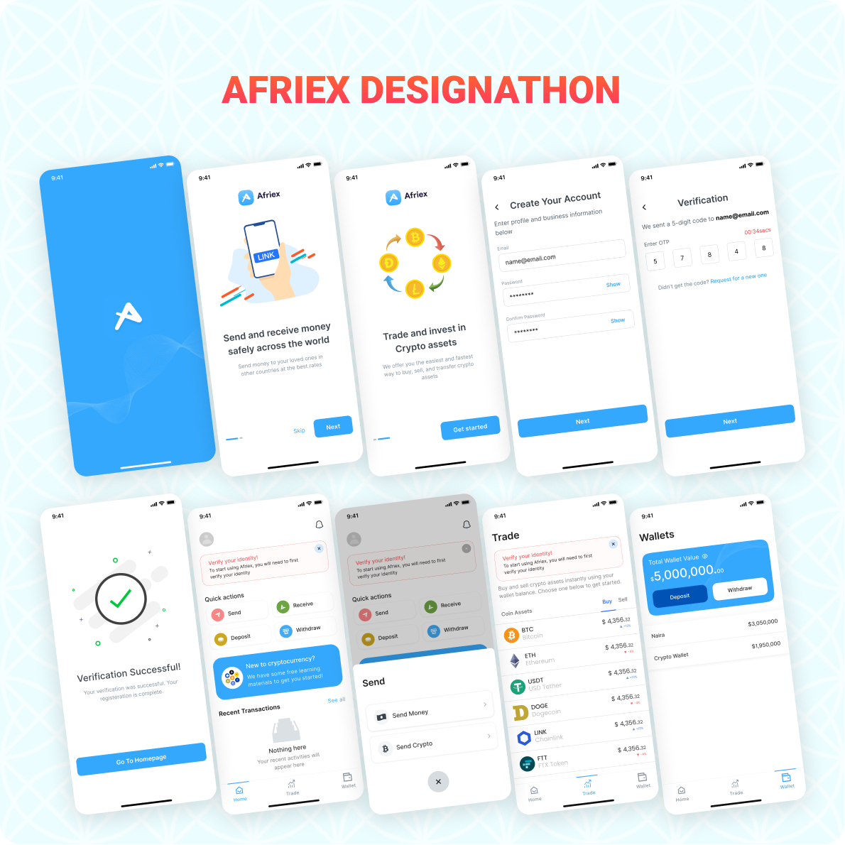Afriex Designathon winning entry: onboarding, trade, and wallet screens