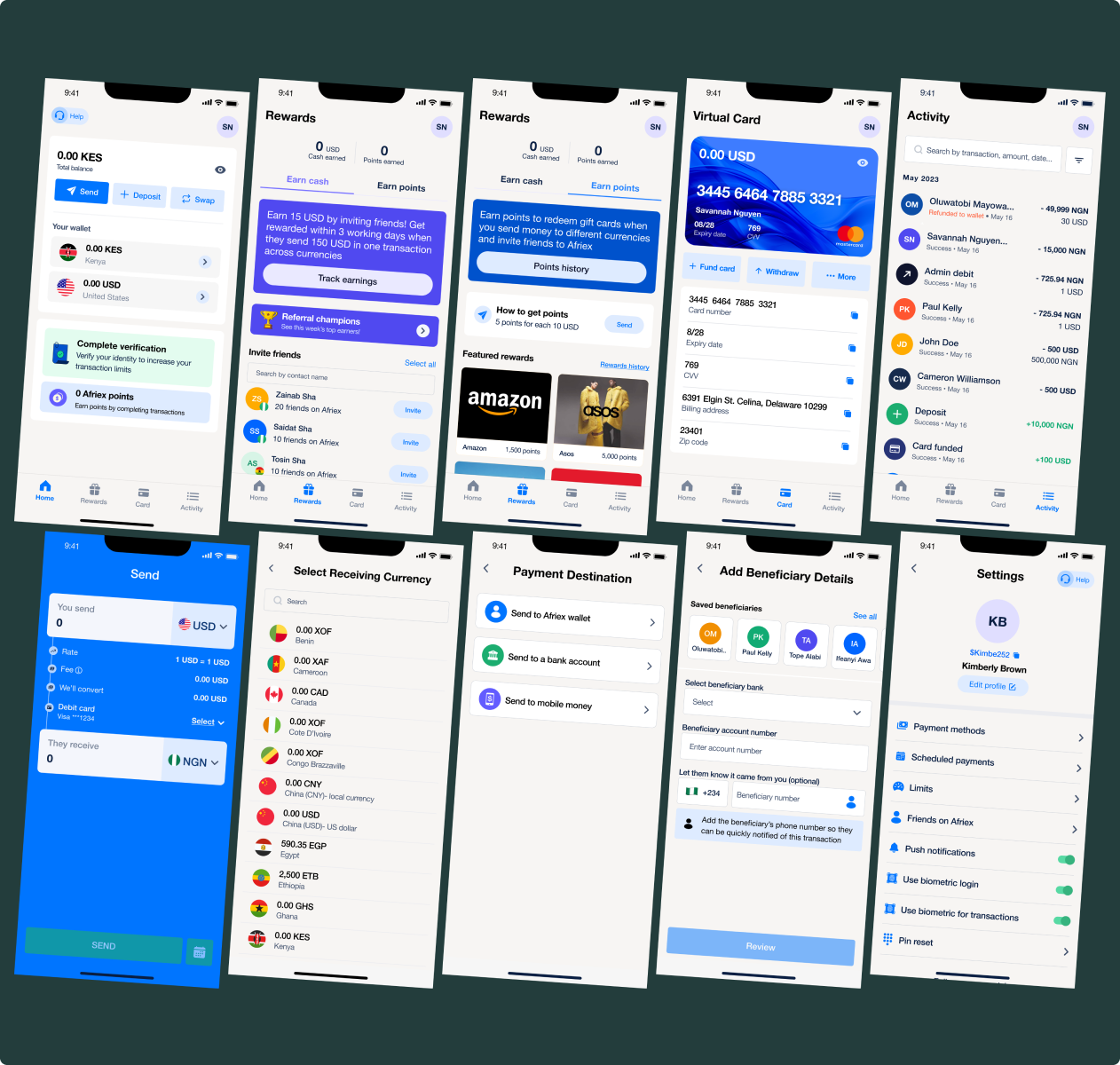 The redesigned Afriex app: home, rewards, virtual card, send flow, and settings