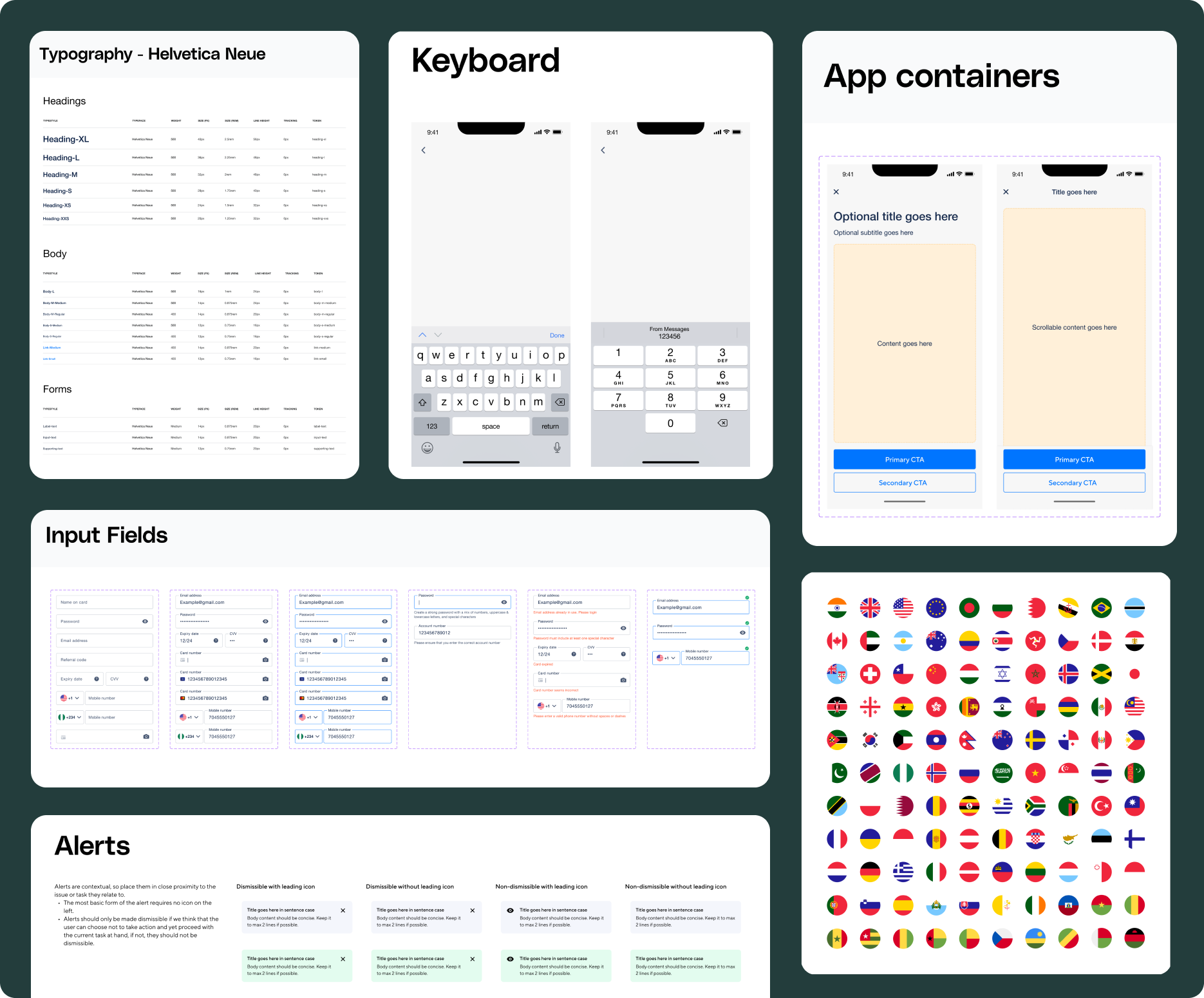 Afriex design system: typography, keyboard, app containers, input fields, alerts, and flags