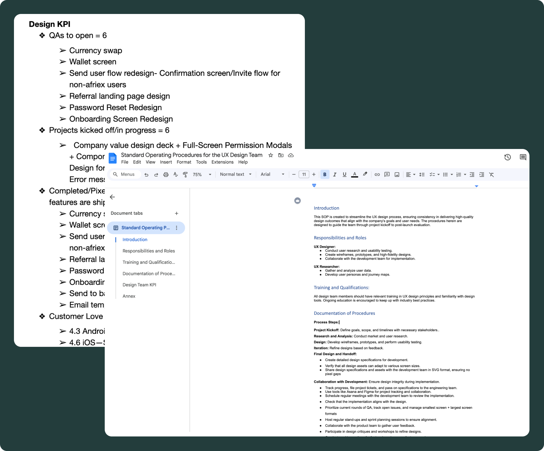 Design KPI tracking and the UX team standard operating procedures document