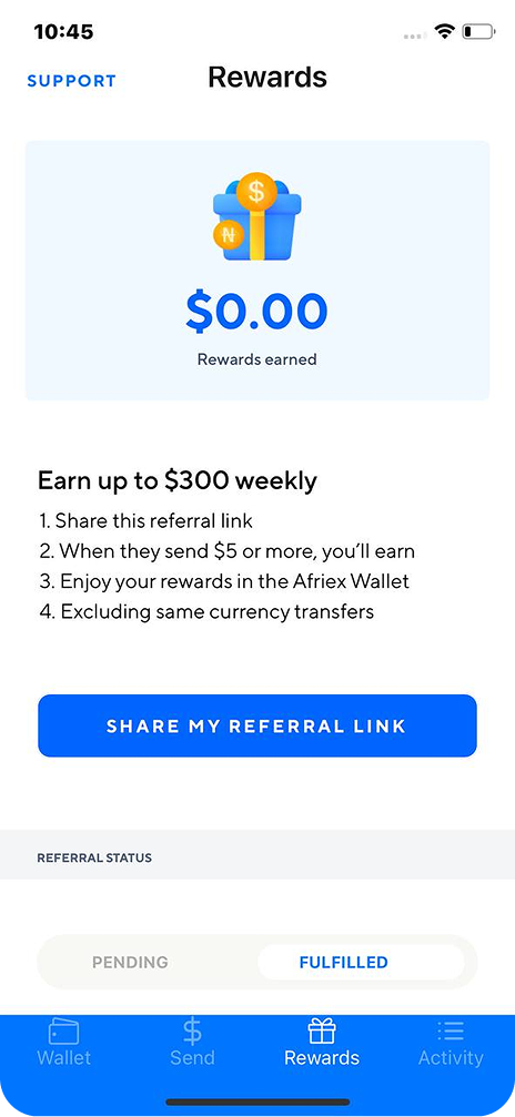 Static referral screen: rewards shown, but no path that reinforces activation
